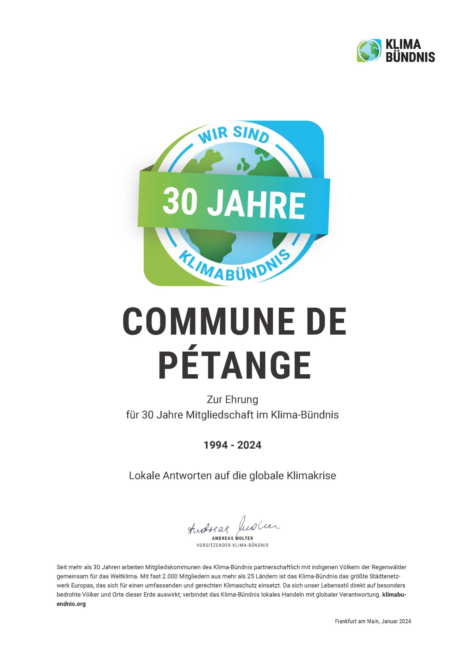 Die Gemeinde Petingen erhält Urkunde für langjähriges Engagement im Klimaschutz